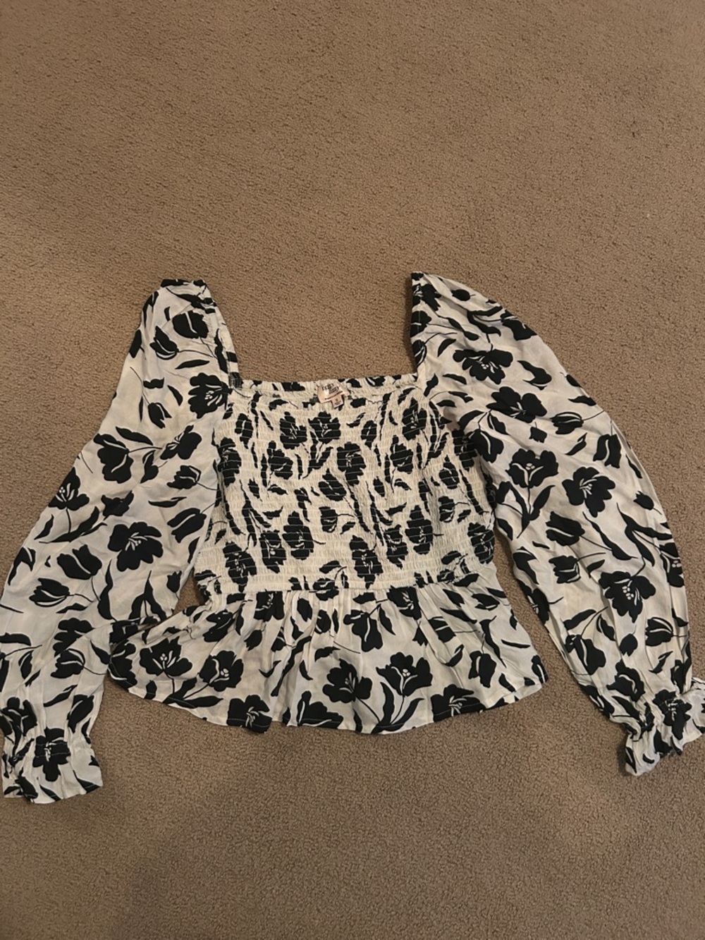 Black & White Floral Smocked Square-Neck Blouse